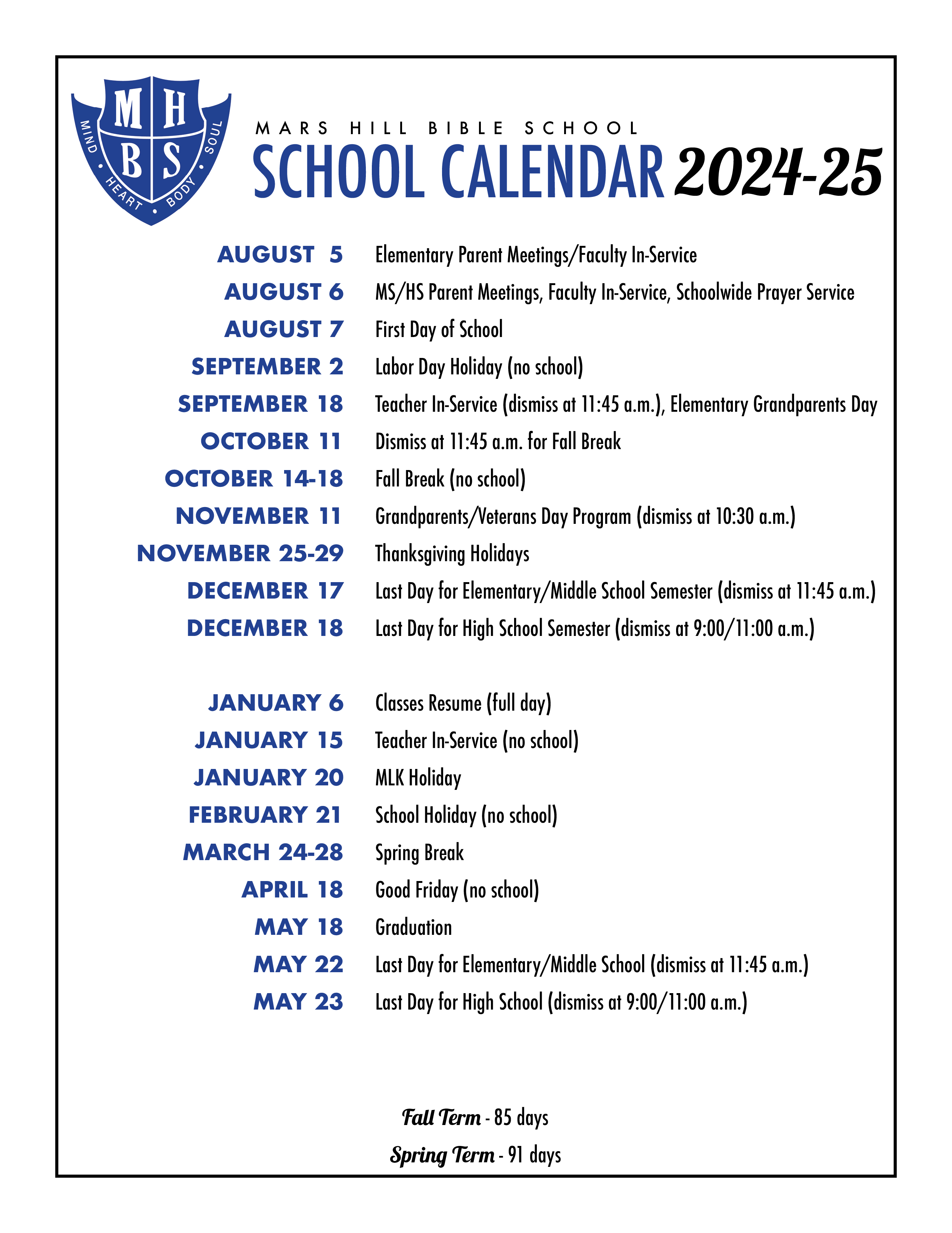 School Calendar Mars Hill Bible School School Calendar Mars Hill Bible School